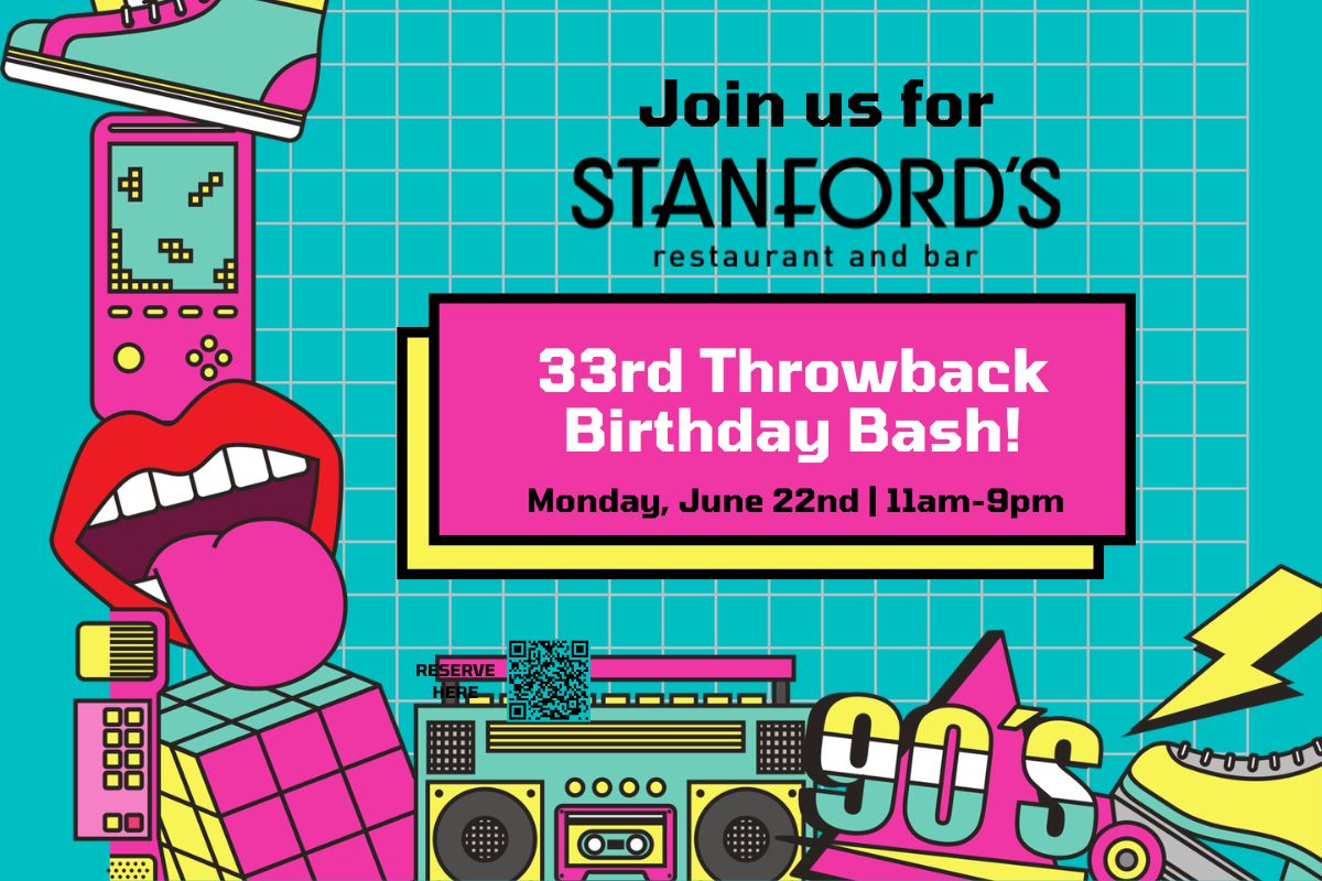 Promotional graphic for Stanford’s Restaurant and Bar's 33rd Throwback Birthday Bash on June 22 from 11 a.m. to 9 p.m.